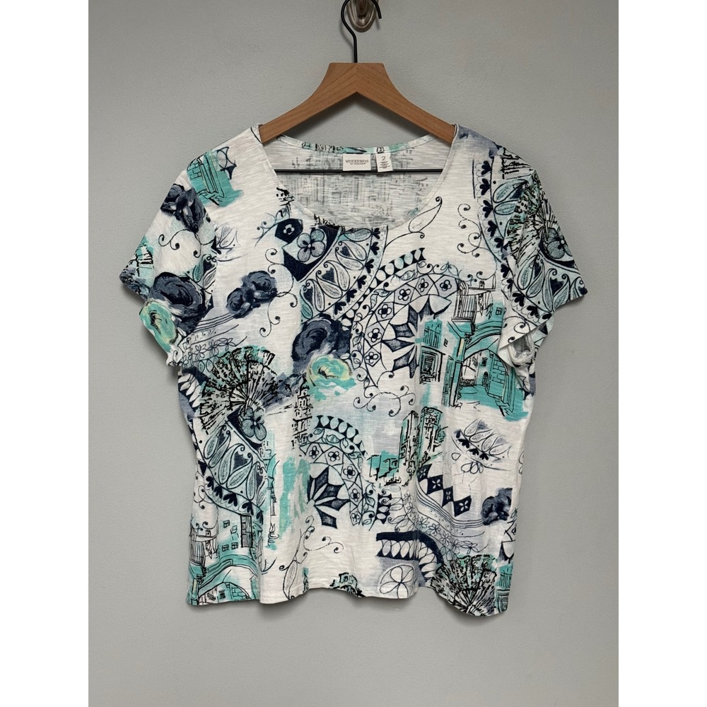 Weekends by Chicos Women White Teal Navy Blue Graphic Print Cotton Tee
Size 2‎ L